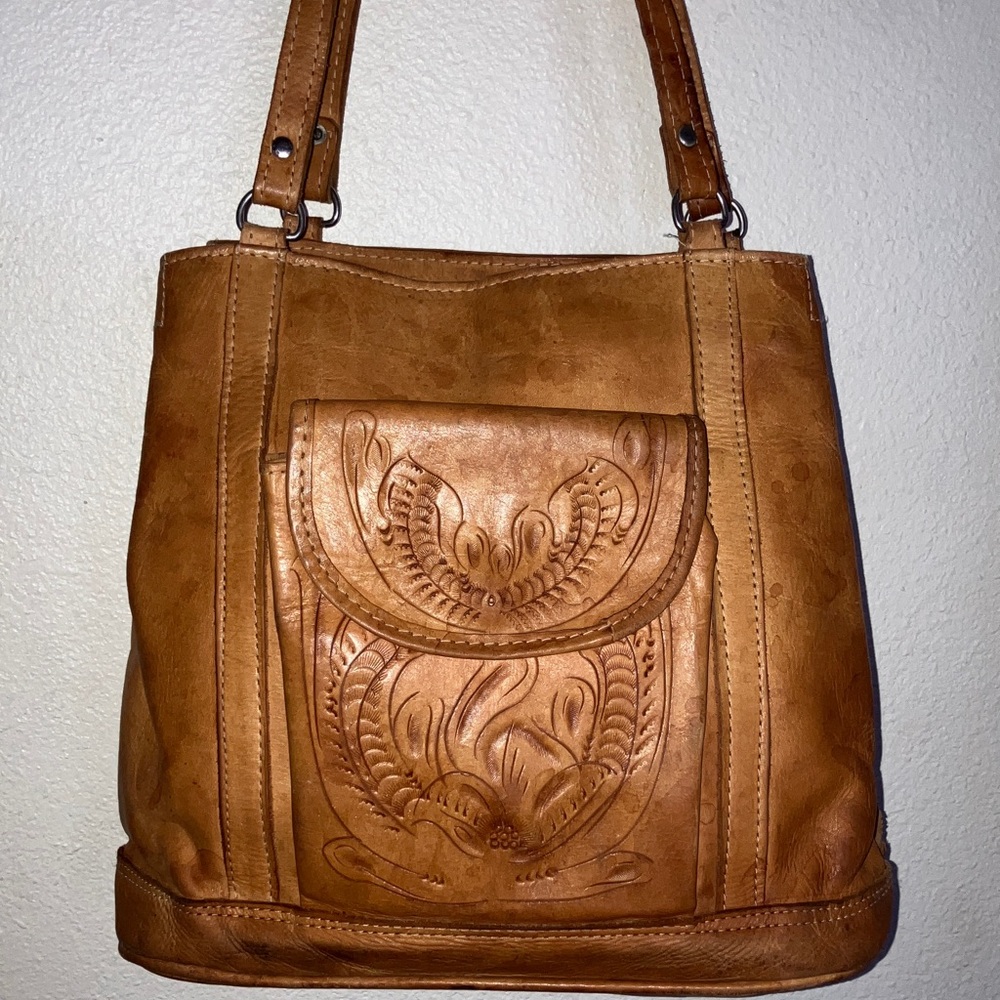 Vintage‎ Force Ten Tooled  Brown Leather Double Strap Shoulder Bag Zip Pockets